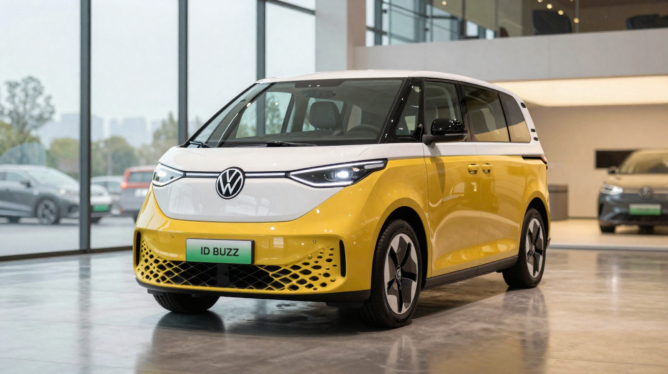 Vue avant d'un Volkswagen ID Buzz jaune et blanc exposé dans un showroom moderne.