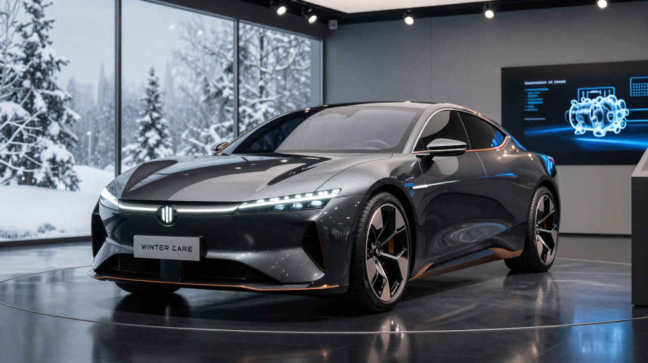 Voiture électrique grise brillante exposée dans un showroom avec vue sur un paysage hivernal enneigé.