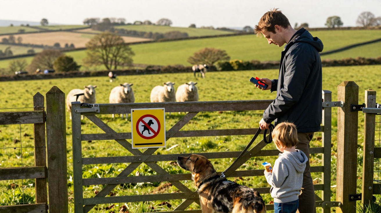 Homme et enfant avec un chien devant un portail interdit aux chiens, des moutons dans un champ derrière.
