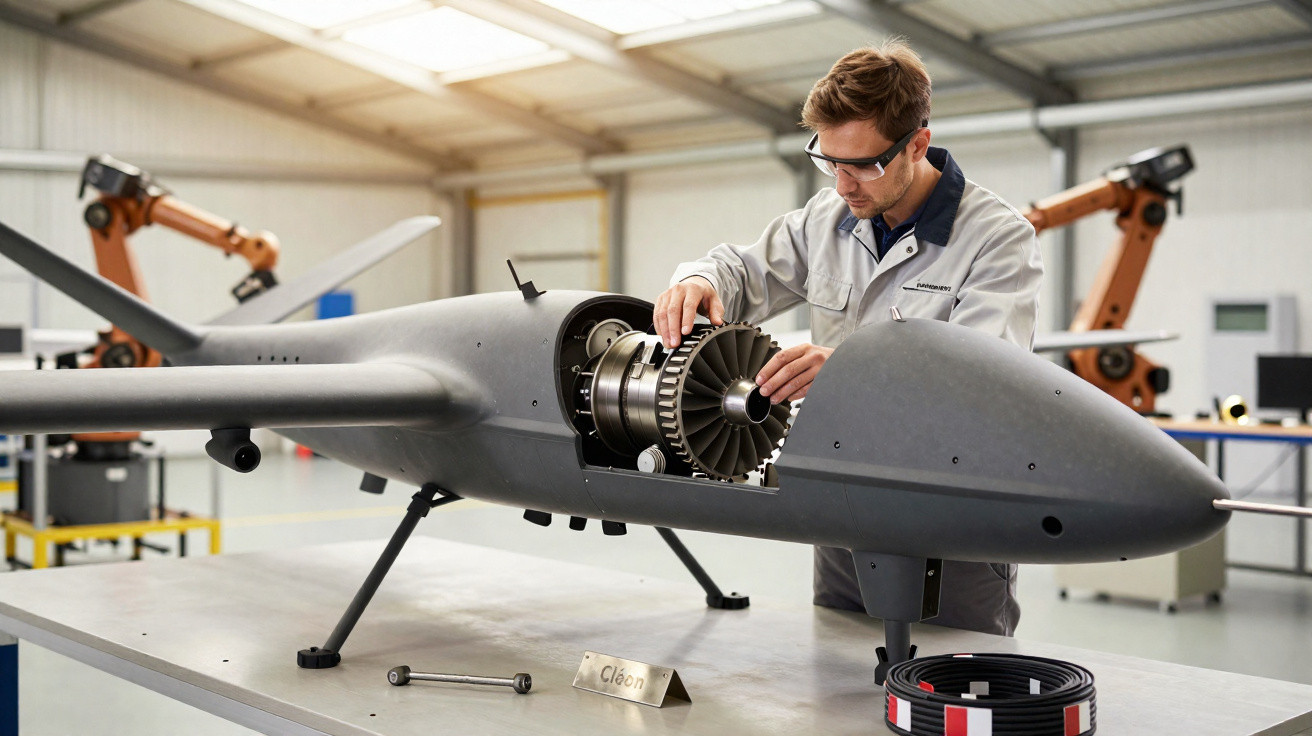 Technicien inspectant un moteur d'un drone gris posé sur une table dans un atelier moderne.