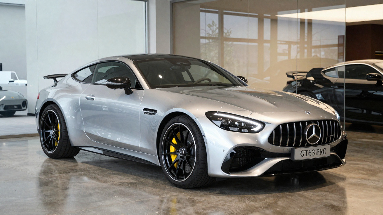 Voiture de sport Mercedes-AMG GT63 PRO grise avec jantes noires et étriers de frein jaunes en showroom.
