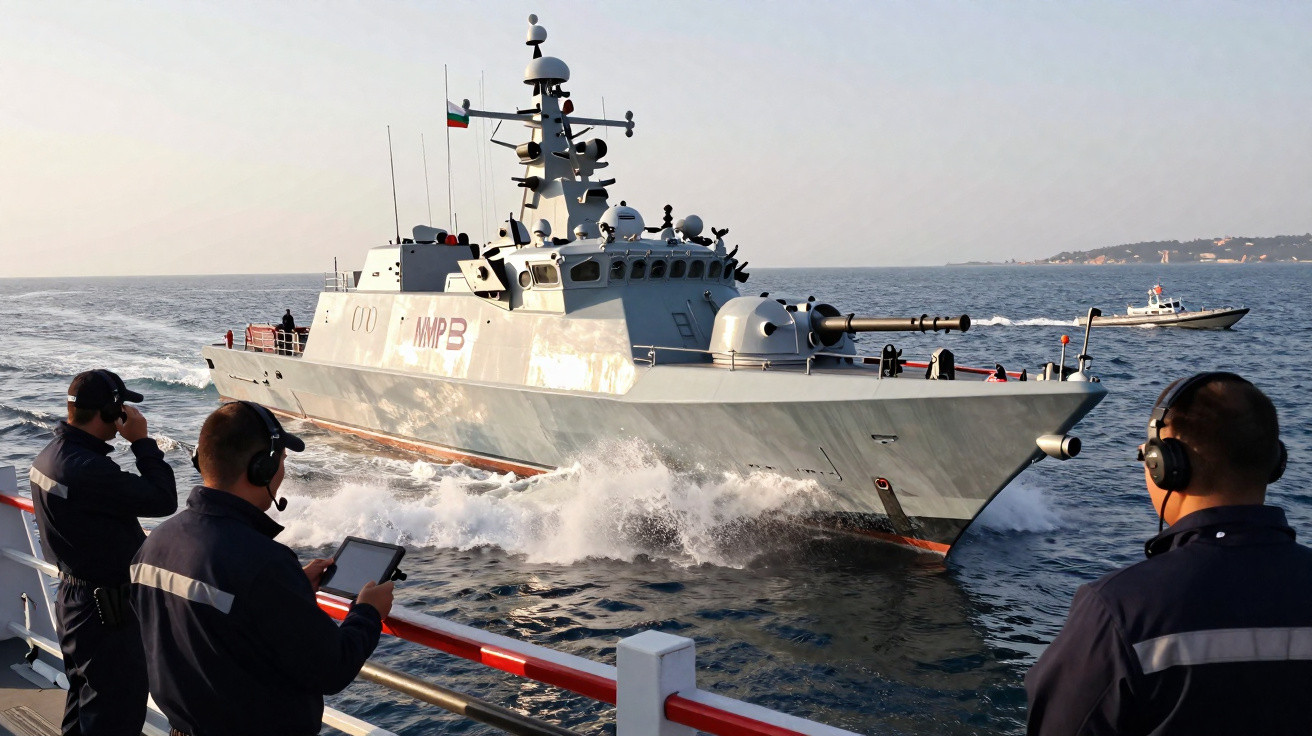 Patrouilleur militaire en mer avec trois marins en uniforme et casque observant depuis un autre navire.