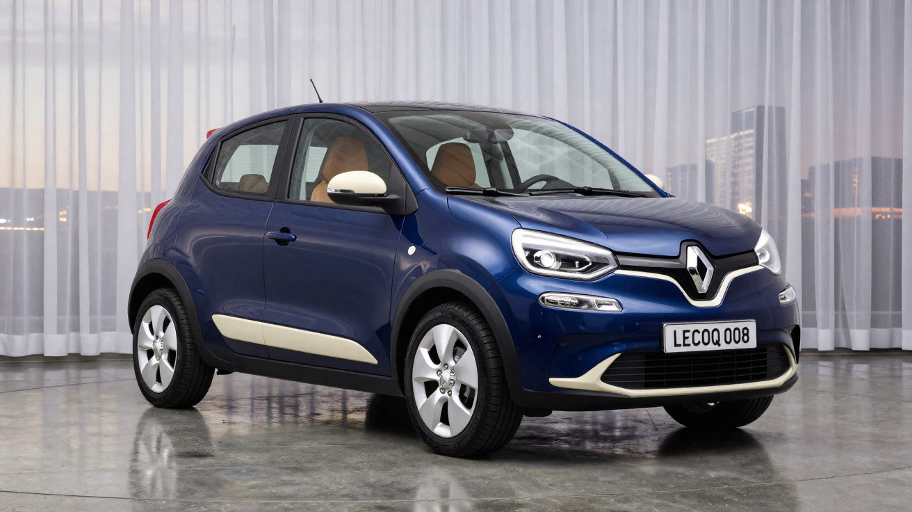 Voiture compacte Renault bleu nuit avec détails beige, garée en intérieur devant un rideau blanc transparent.
