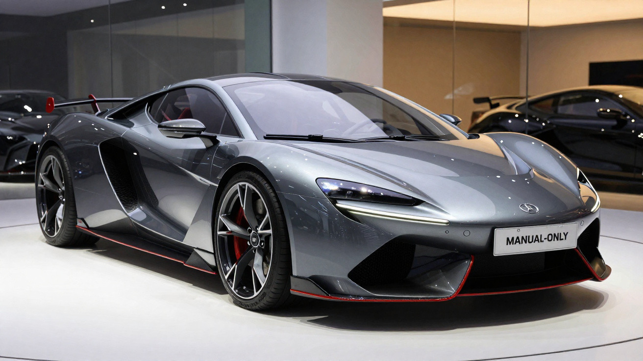 Voiture de sport grise métallisée avec détails rouges exposée dans un showroom moderne et lumineux.