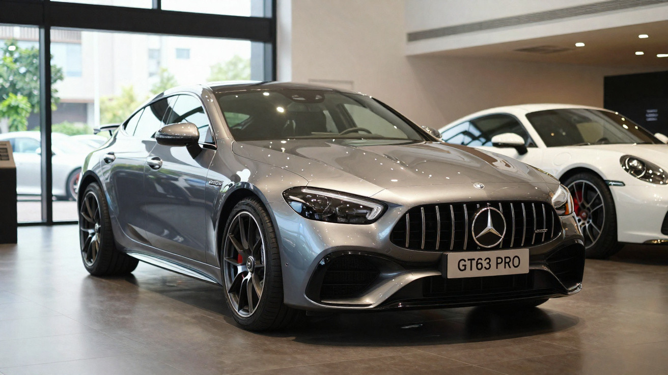 Voiture sportive Mercedes-Benz grise GT63 PRO exposée dans un showroom moderne avec une autre voiture blanche en arrière-plan