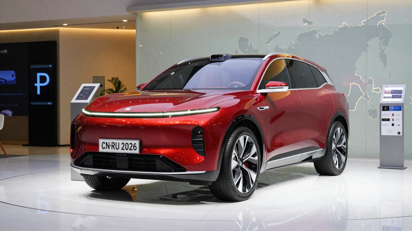 Véhicule SUV électrique rouge exposé dans un showroom moderne avec carte murale en arrière-plan.