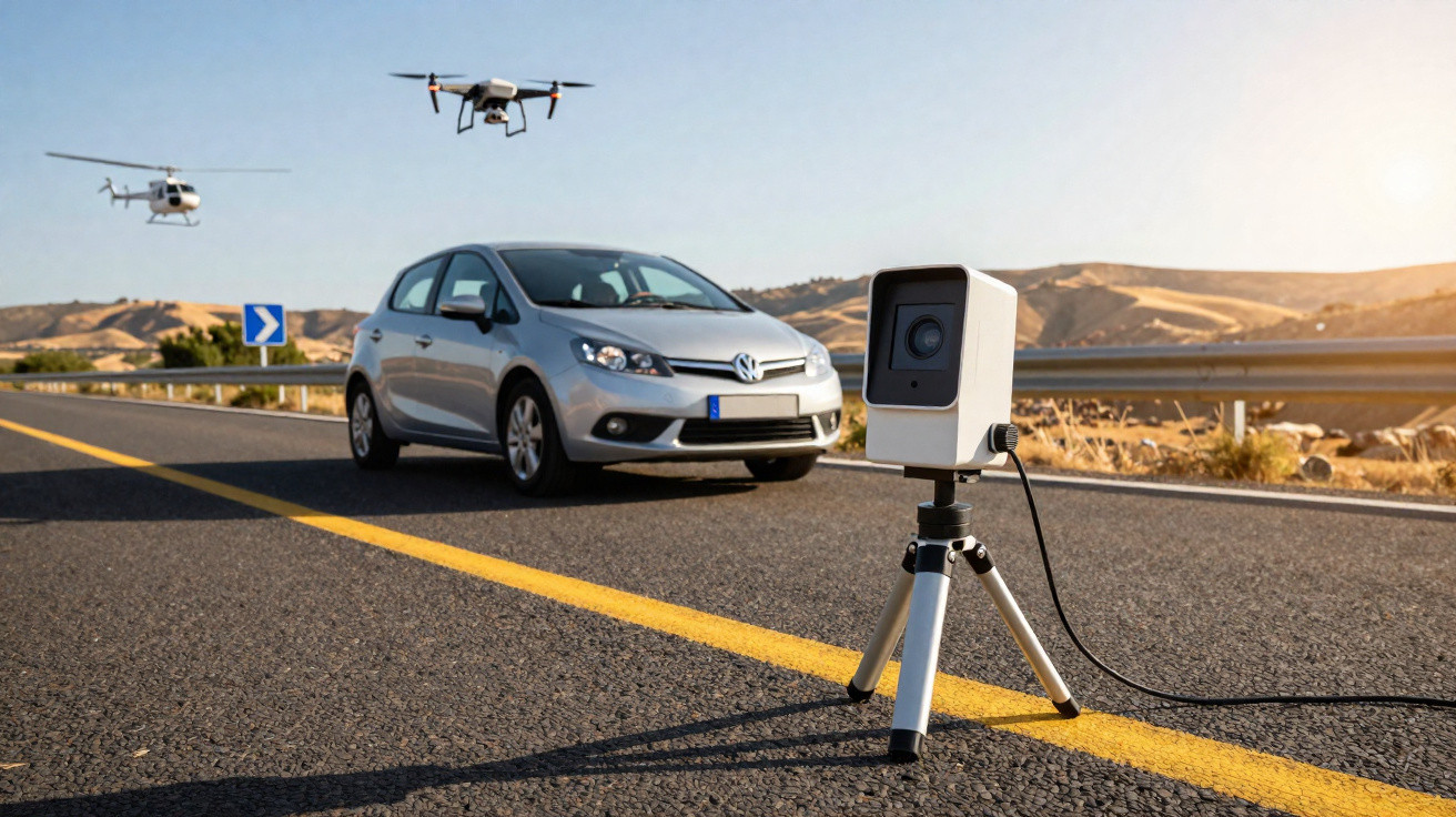 Radar de vitesse sur trépied contrôlant une voiture grise sur une route avec drone et hélicoptère en arrière-plan.
