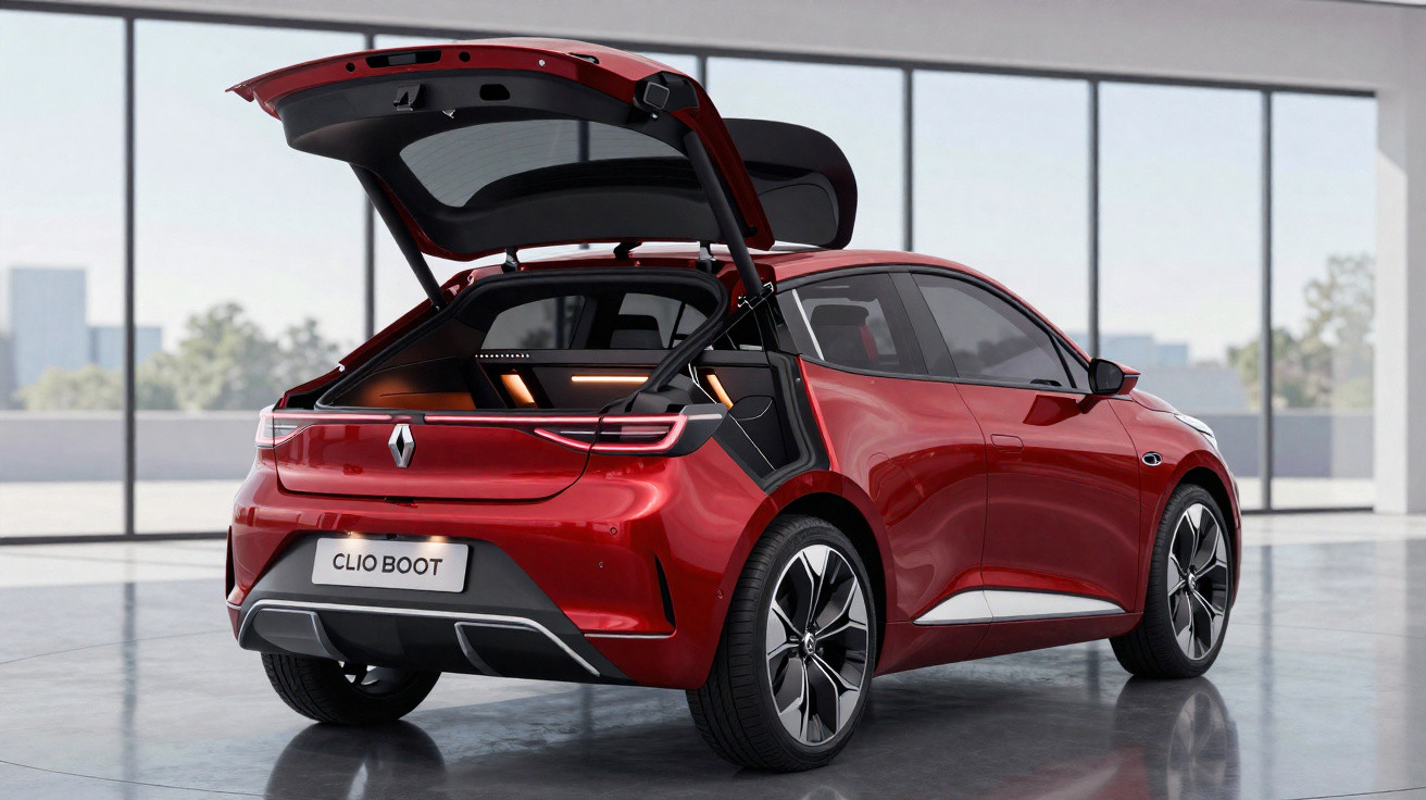 Voiture rouge Renault Clio Boot vue arrière avec coffre ouvert dans un showroom lumineux et moderne.