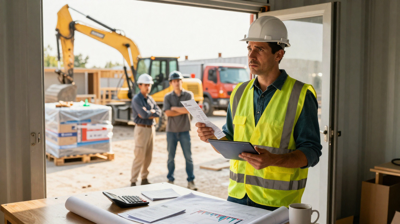 Ingénieur en casque blanc et gilet jaune consulte documents sur chantier avec engin de construction et collègues au fond.