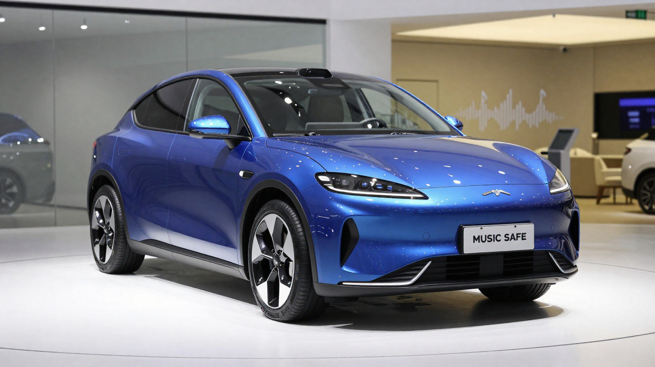 Voiture électrique compacte bleue brillante exposée dans un showroom moderne avec éclairage blanc.