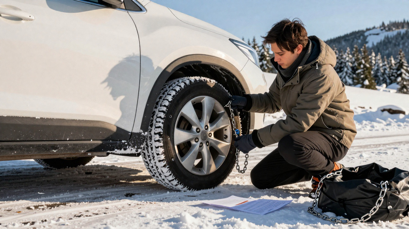 Homme posant des chaînes à neige sur la roue d’une voiture blanche dans un paysage enneigé.