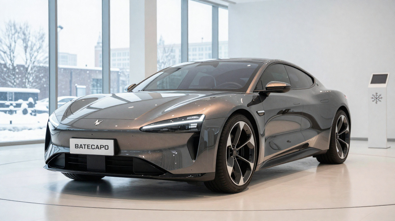 Voiture sportive électrique grise exposée en intérieur avec grandes fenêtres et lumière naturelle.