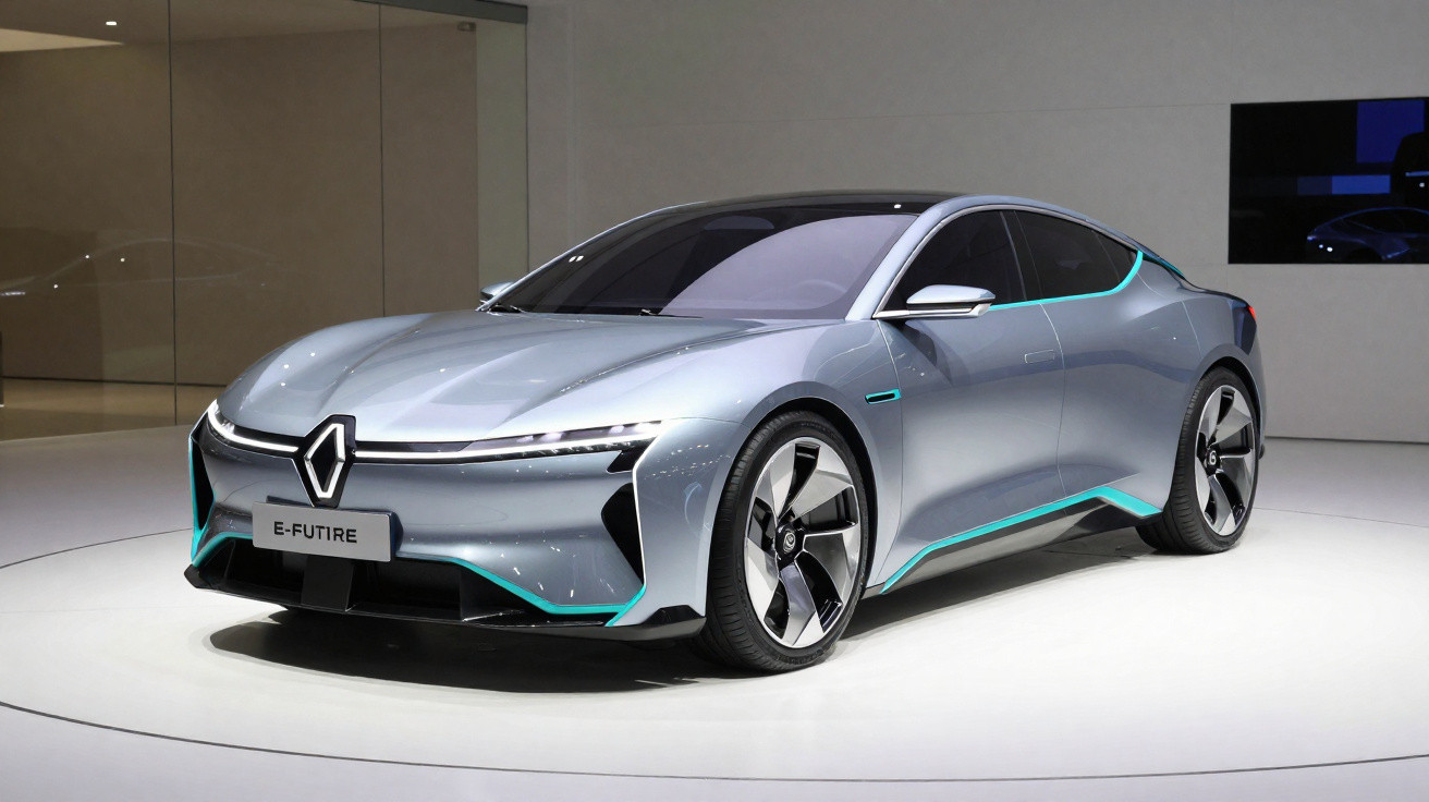 Voiture électrique Renault E-Futire grise au design futuriste exposée sur un plateau blanc en intérieur.