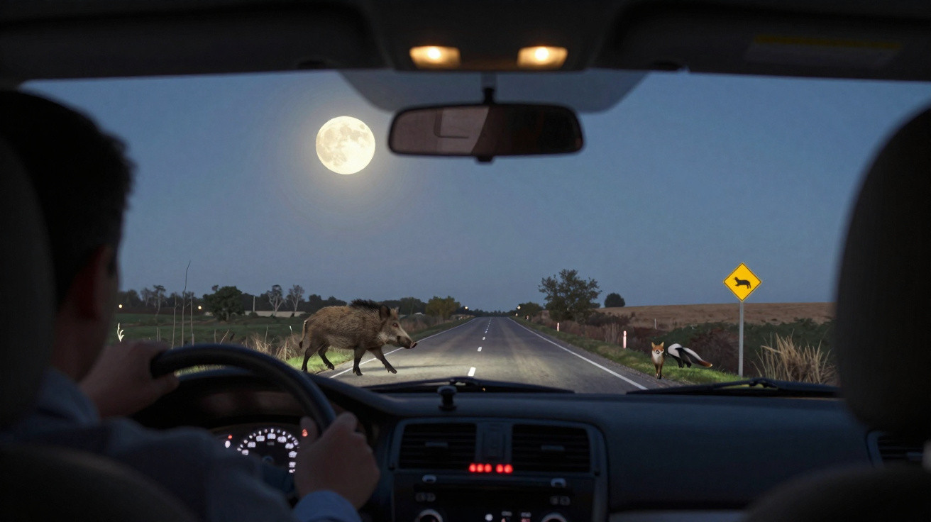 Vue nocturne d'un conducteur évitant un sanglier et un renard sur une route de campagne sous pleine lune.