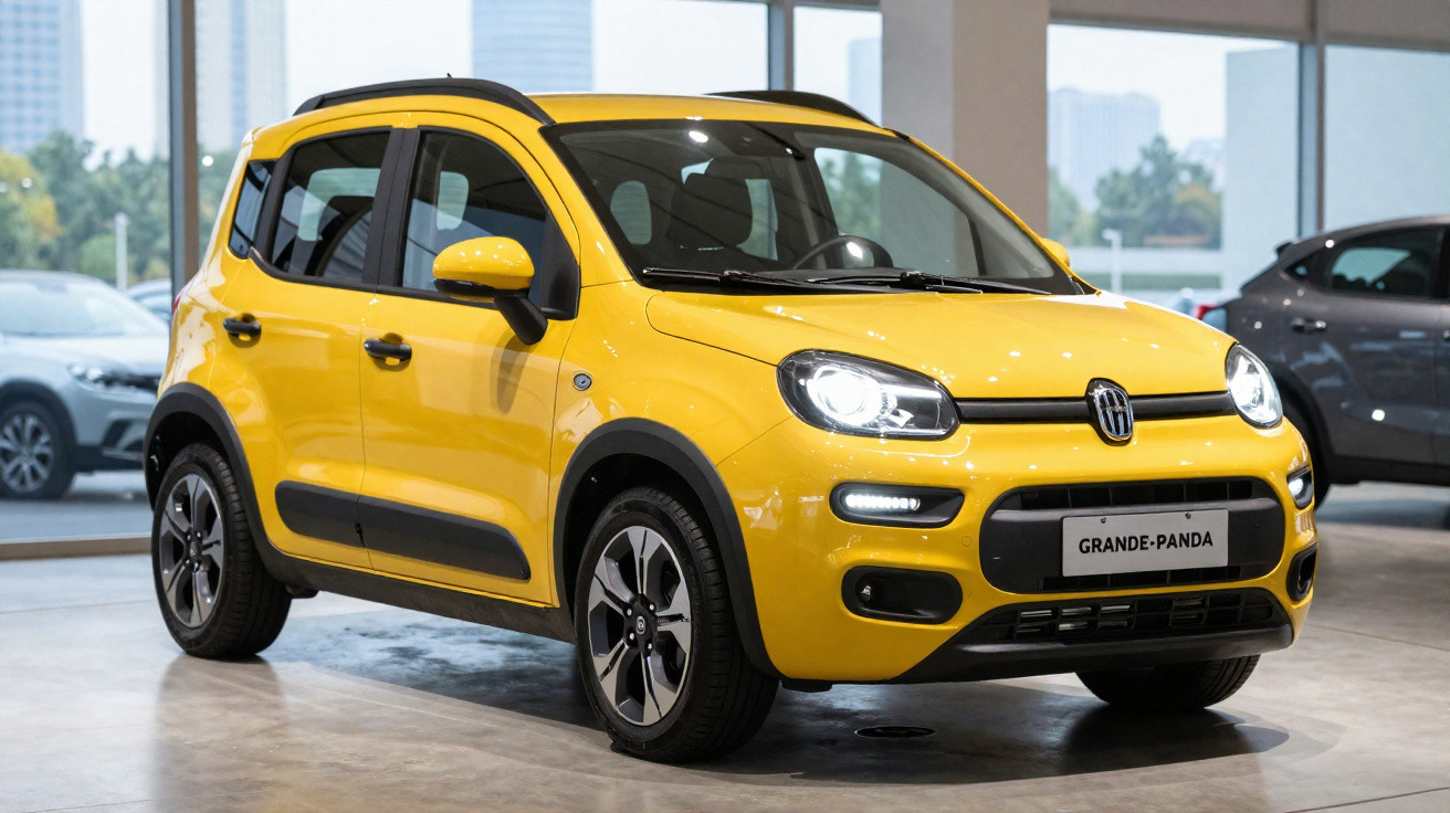 Voiture compacte jaune Fiat Grande-Panda exposée en intérieur avec phares allumés, vue trois quarts avant.