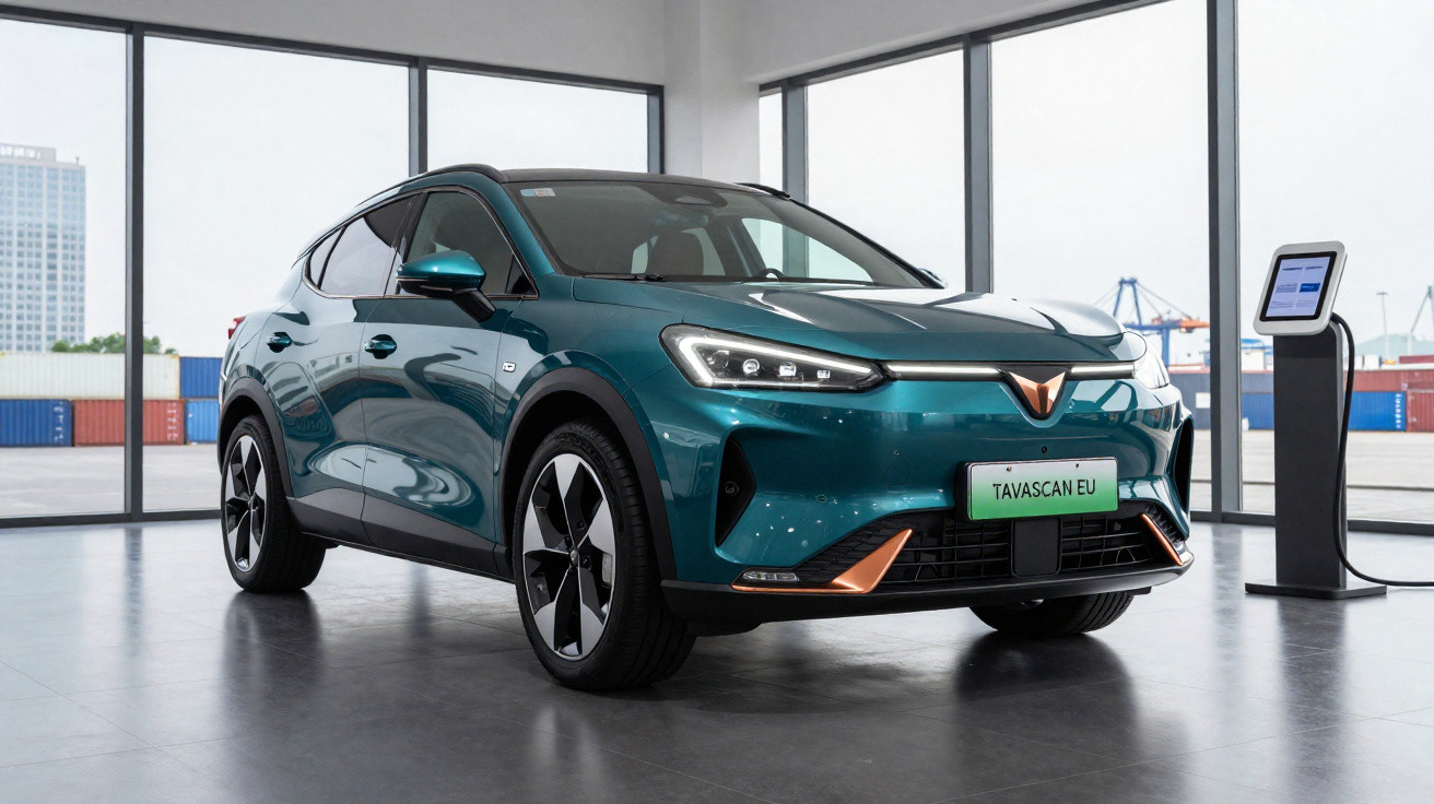 Voiture électrique bleu vert stationnée à côté d'une borne de recharge dans un showroom lumineux.