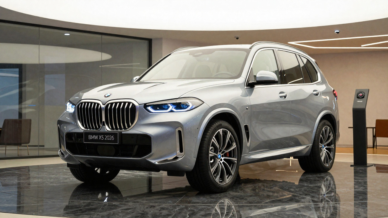 BMW X5 2026 grise exposée dans un showroom moderne avec éclairage intérieur et sol brillant.
