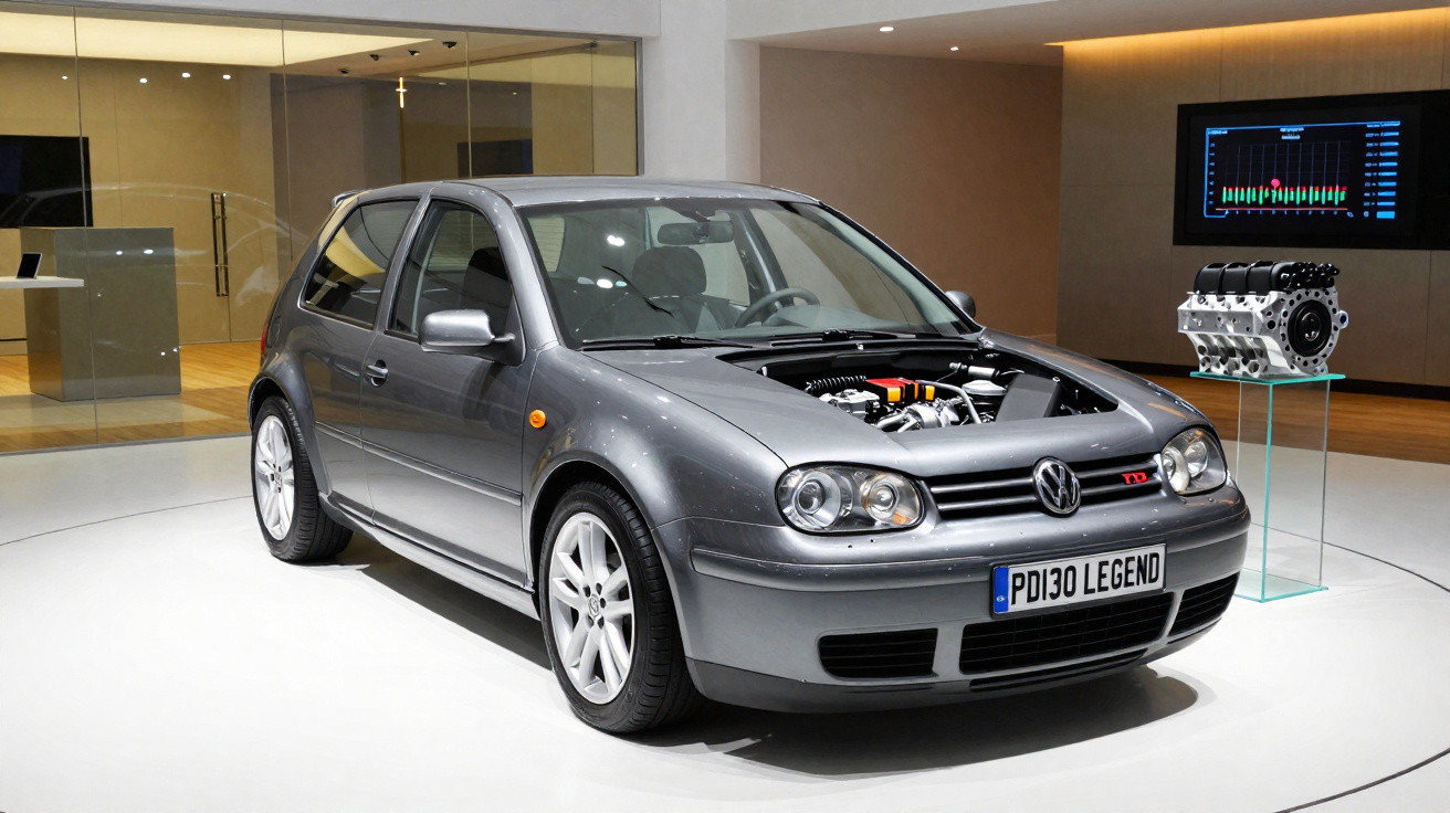 Voiture Volkswagen Golf grise avec moteur visible sur capot exposée dans showroom moderne.