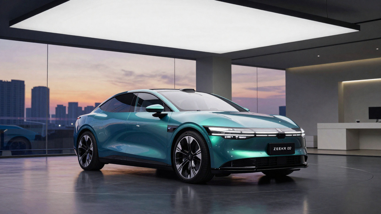 Voiture électrique Zeekr 001 bleu-vert garée dans un showroom moderne avec vue sur la ville au coucher du soleil.
