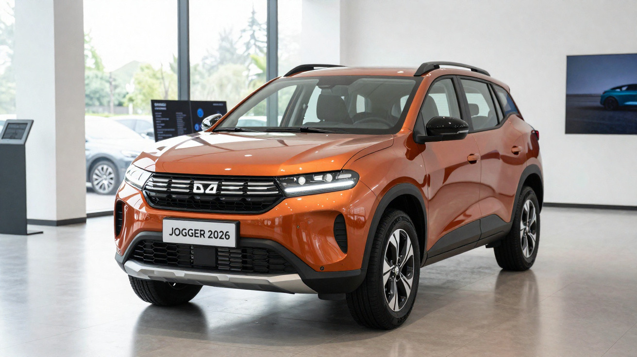 SUV Dacia Jogger 2026 orange exposé en intérieur avec lumière naturelle et grande baie vitrée.