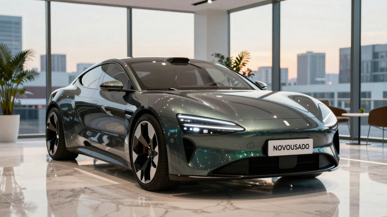 Voiture sportive électrique verte foncée dans un showroom moderne avec sol en marbre blanc.