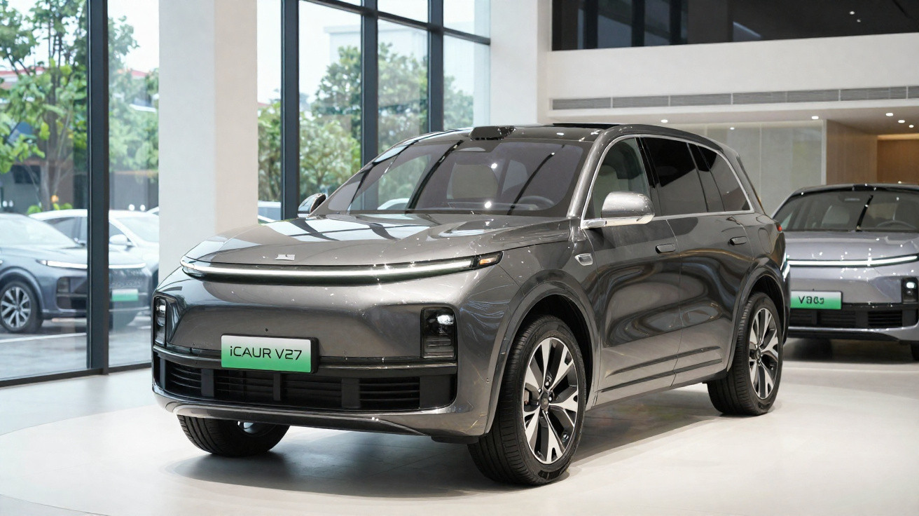 Véhicule électrique SUV gris iCAUR V27 exposé dans un showroom moderne avec grandes fenêtres.