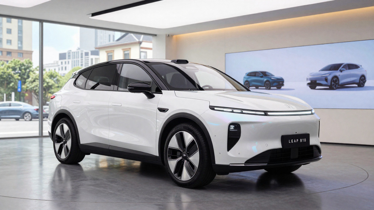 Voiture électrique blanche Leap B10 exposée dans un showroom moderne avec de grandes fenêtres et un écran mural.