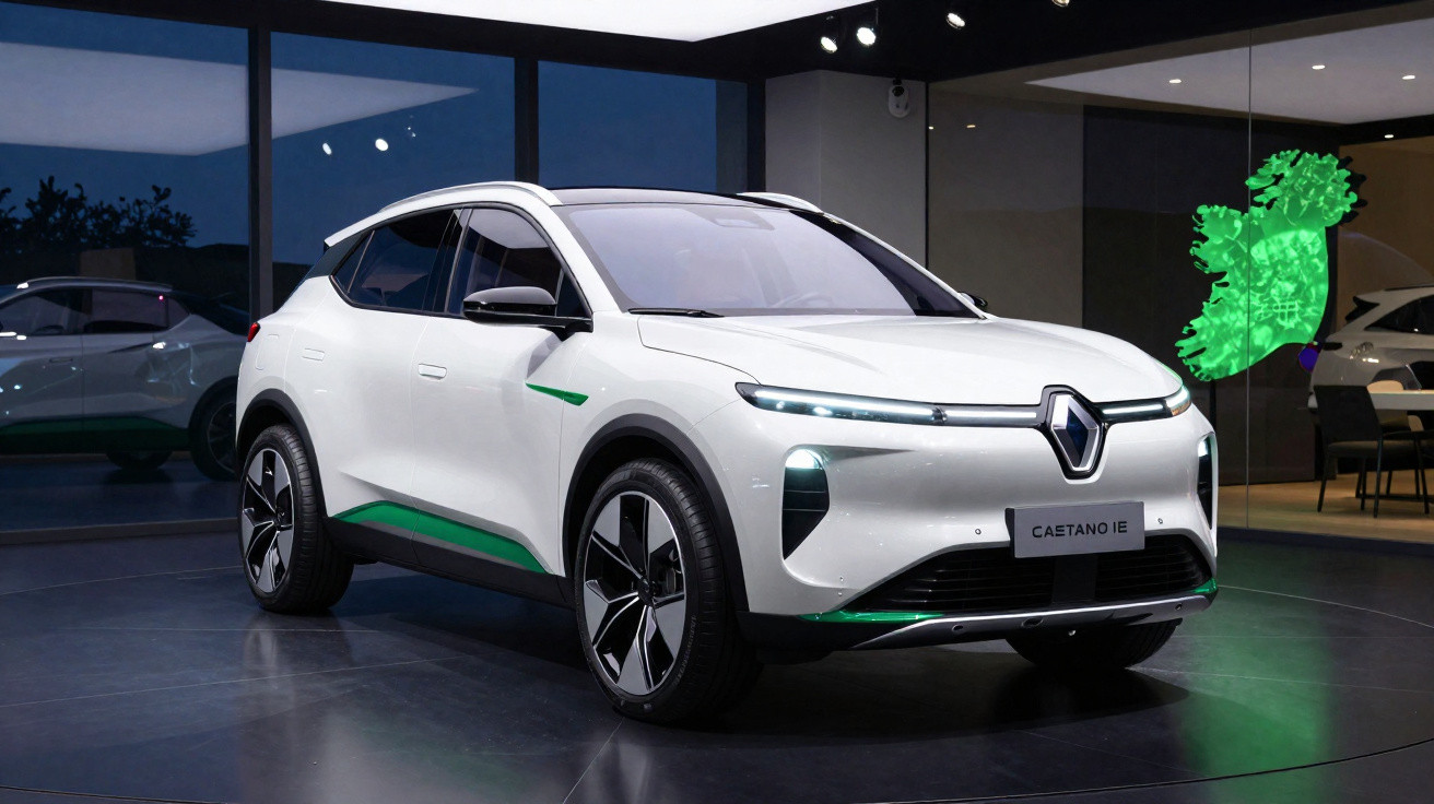 SUV électrique blanc Renault Castano IE exposé dans un showroom moderne avec éclairage tamisé.