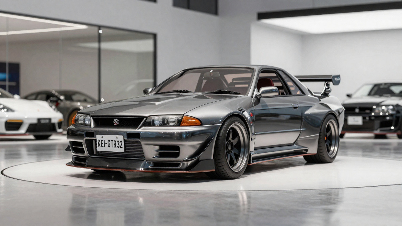 Voiture de sport grise vintage Nissan Skyline R32 exposée en intérieur avec d'autres voitures en arrière-plan.