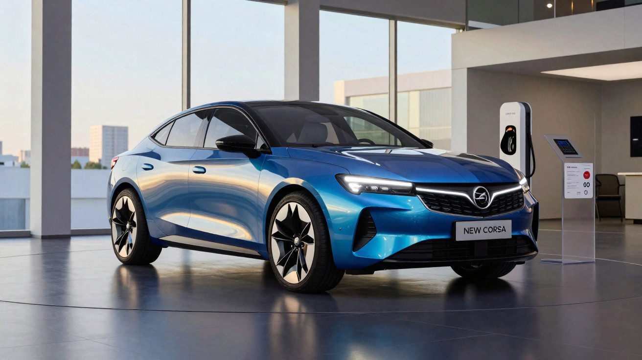 Voiture électrique Opel New Corsa bleue exposée en intérieur près d'une borne de recharge.