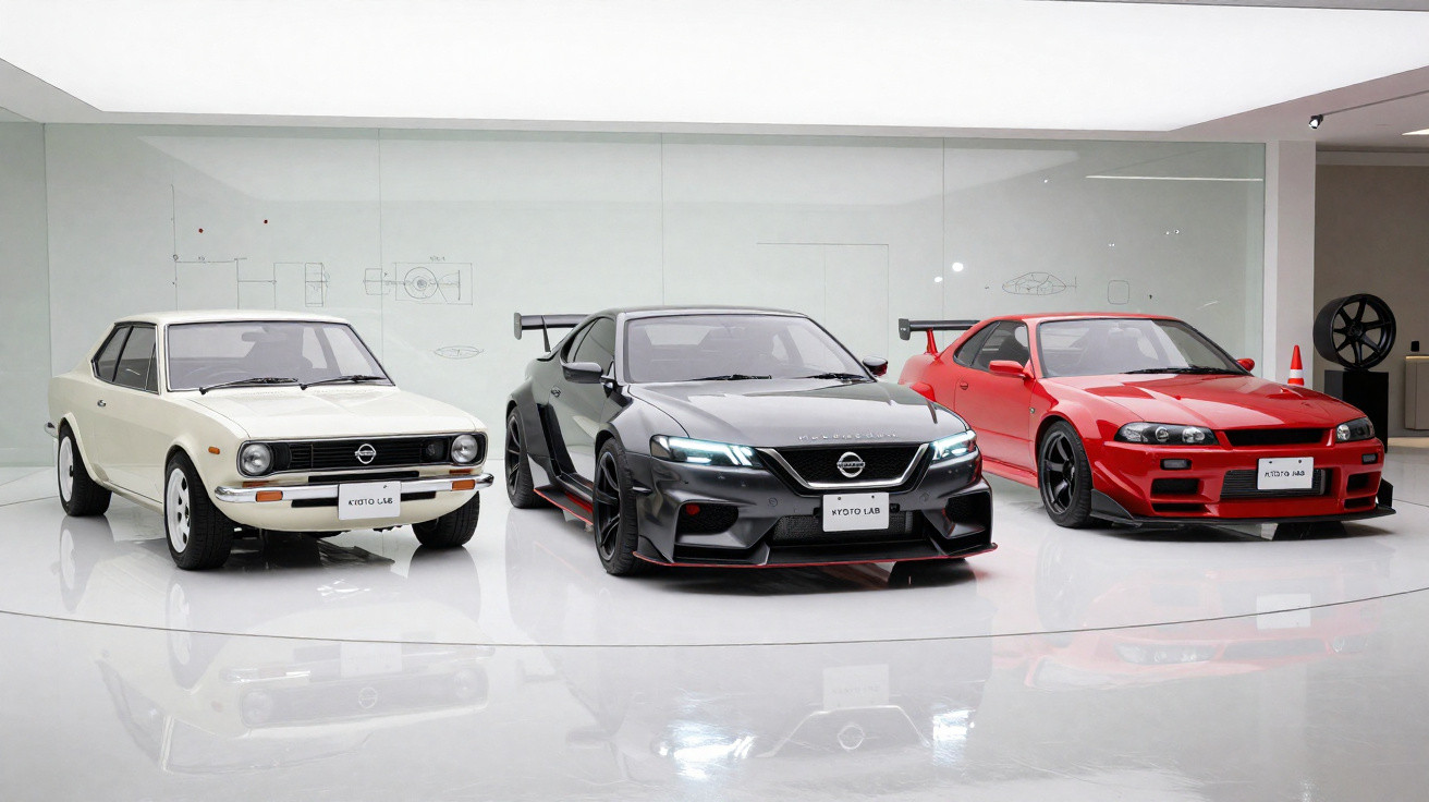 Trois voitures Nissan sportives alignées : blanche, noire moderne et rouge vintage, exposées en showroom.