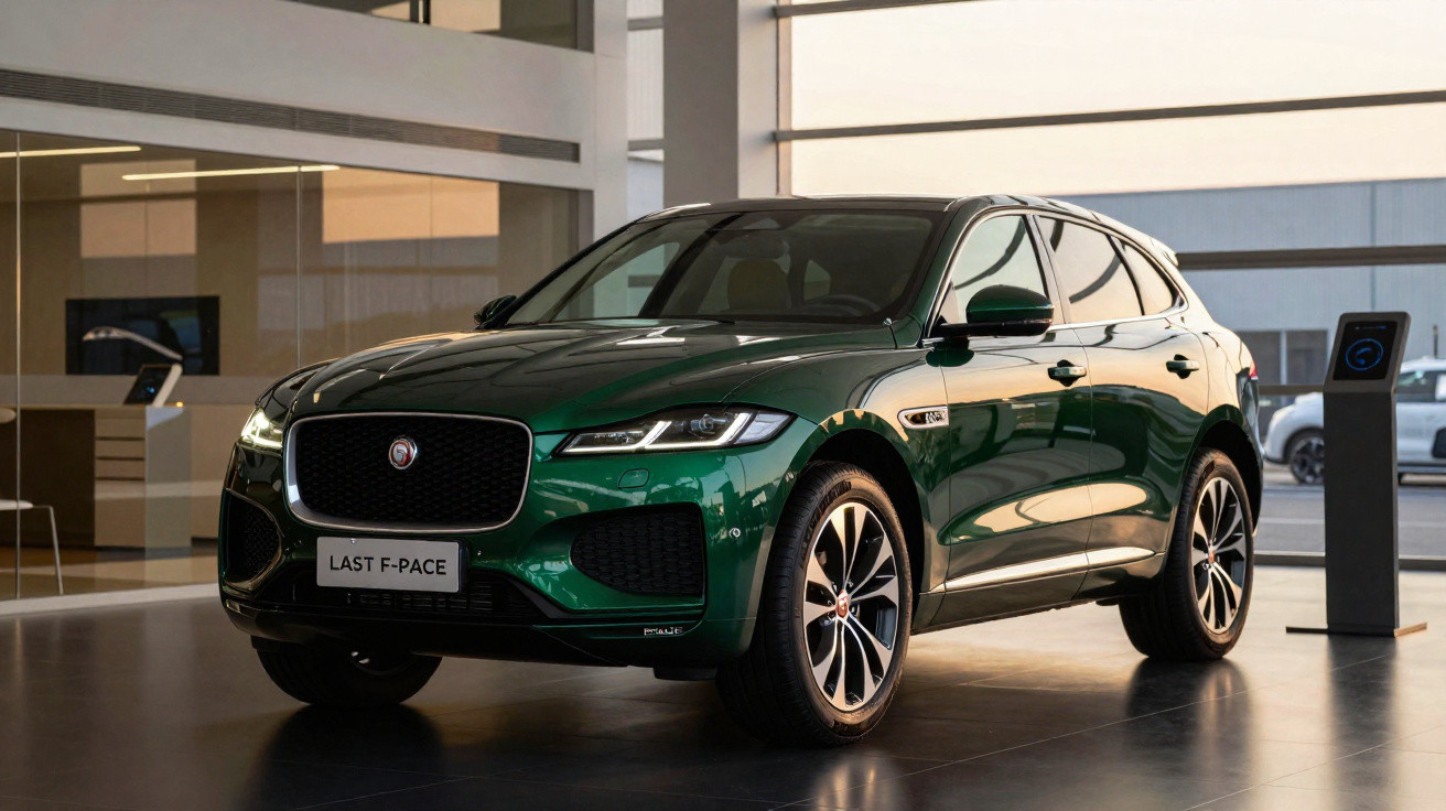 SUV Jaguar F-Pace vert exposé en intérieur dans un showroom moderne avec éclairage chaud.