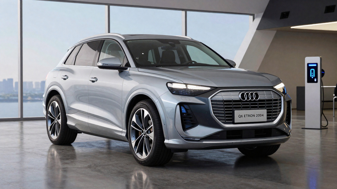 SUV Audi Q6 e-tron gris électrique exposé dans un showroom moderne avec borne de recharge visible.
