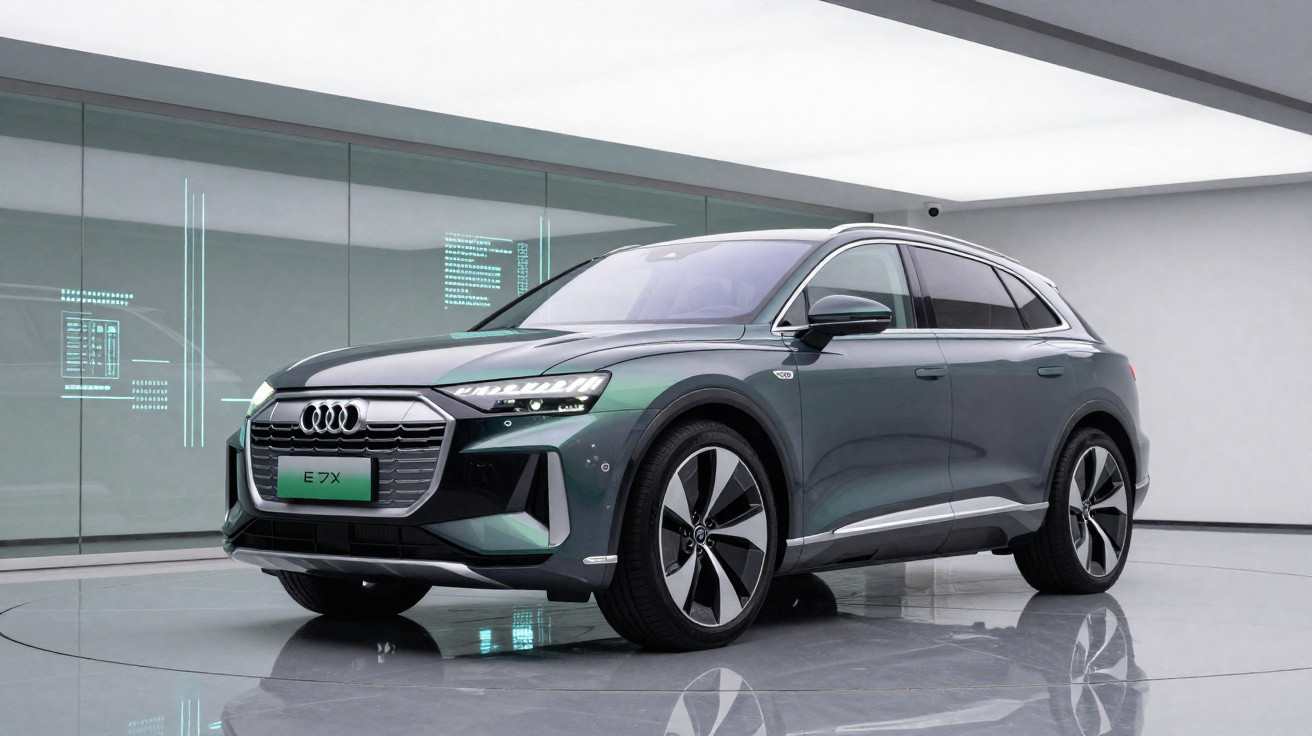 Audi e-tron E7X gris métallisé dans un showroom moderne aux reflets lumineux sur le sol.