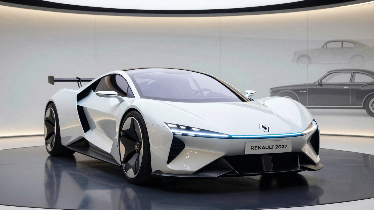 Voiture de sport concept Renault 2027 blanche exposée dans un showroom moderne avec éclairage doux.