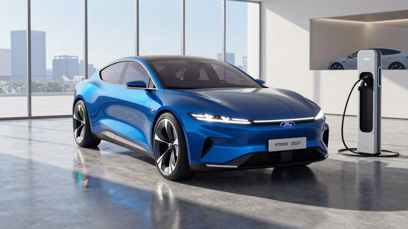 Voiture électrique bleue Ford 2027 chargée dans un garage moderne avec fenêtre panoramique.