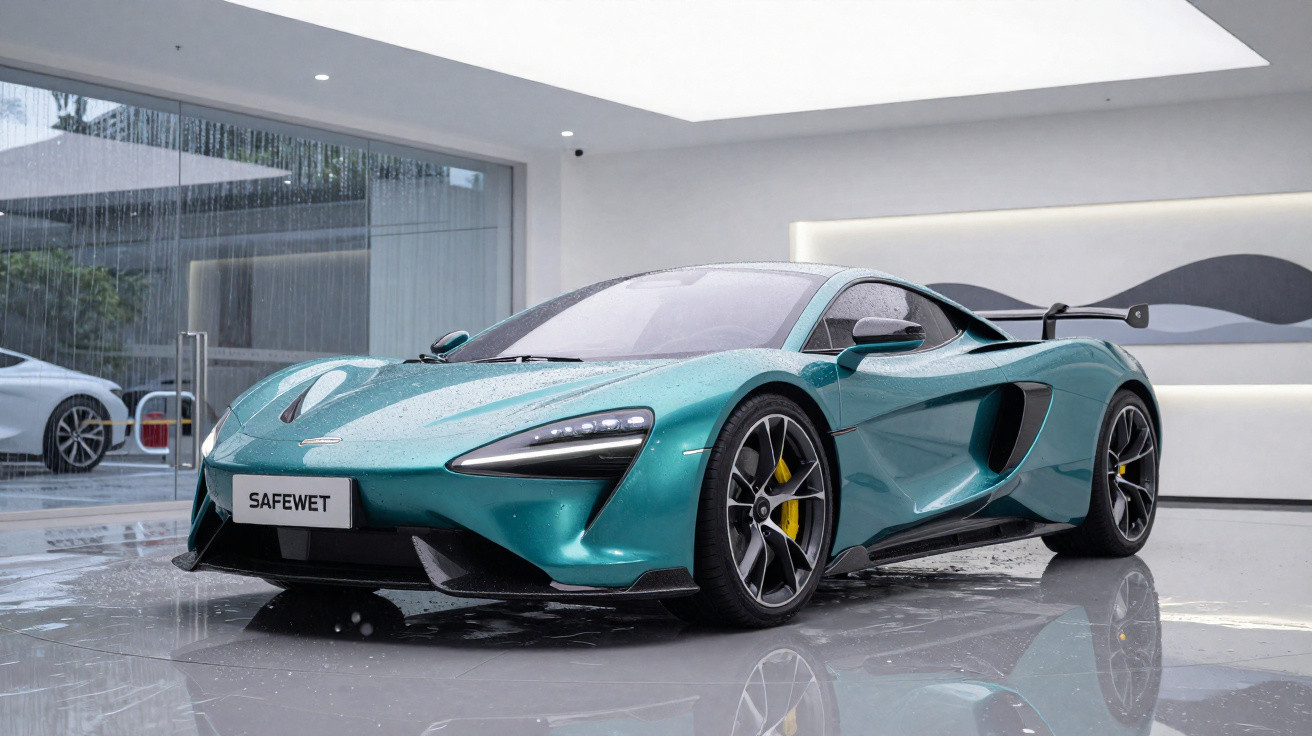 Voiture de sport turquoise brillante avec jantes noires et freins jaunes dans un showroom moderne et lumineux.