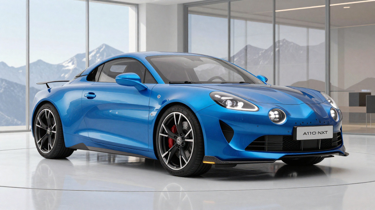Voiture de sport Alpine A110 NXT bleue exposée dans un showroom avec montagnes en arrière-plan.