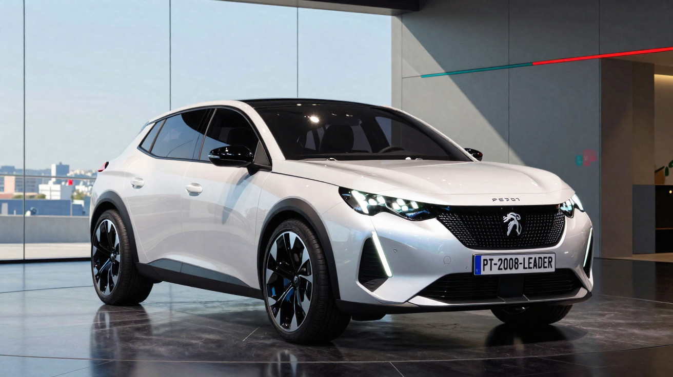 Voiture électrique Peugeot 2008 blanche exposée en intérieur avec un design moderne et des phares allumés.