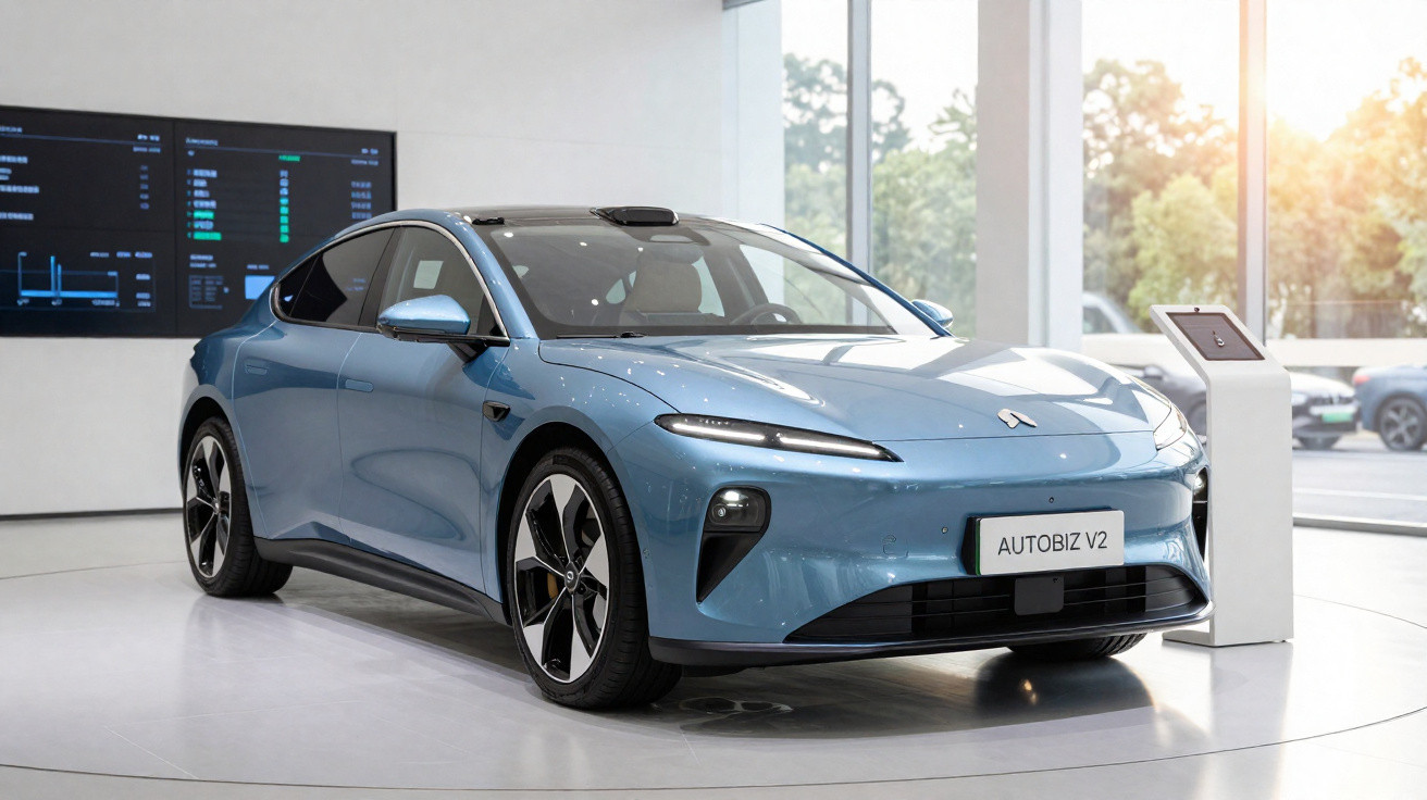 Voiture électrique bleue AUTOBIZ V2 exposée dans un showroom moderne avec écran en arrière-plan.