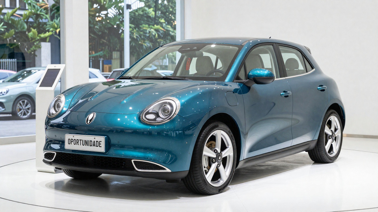 Voiture compacte électrique bleu métallisé exposée dans un showroom lumineux avec vitrage panoramique.