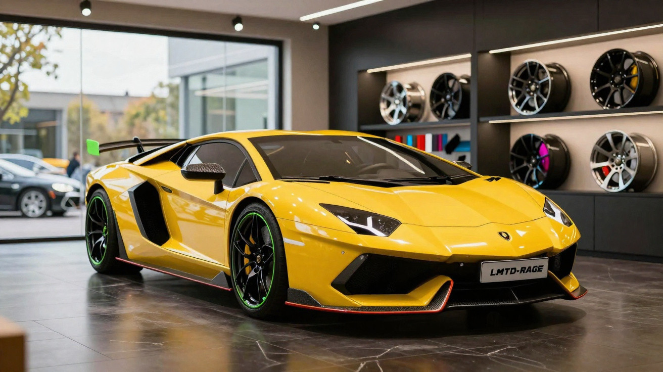 Voiture de sport jaune exposée en intérieur avec jantes noires à bordures vertes et arrière aileron.