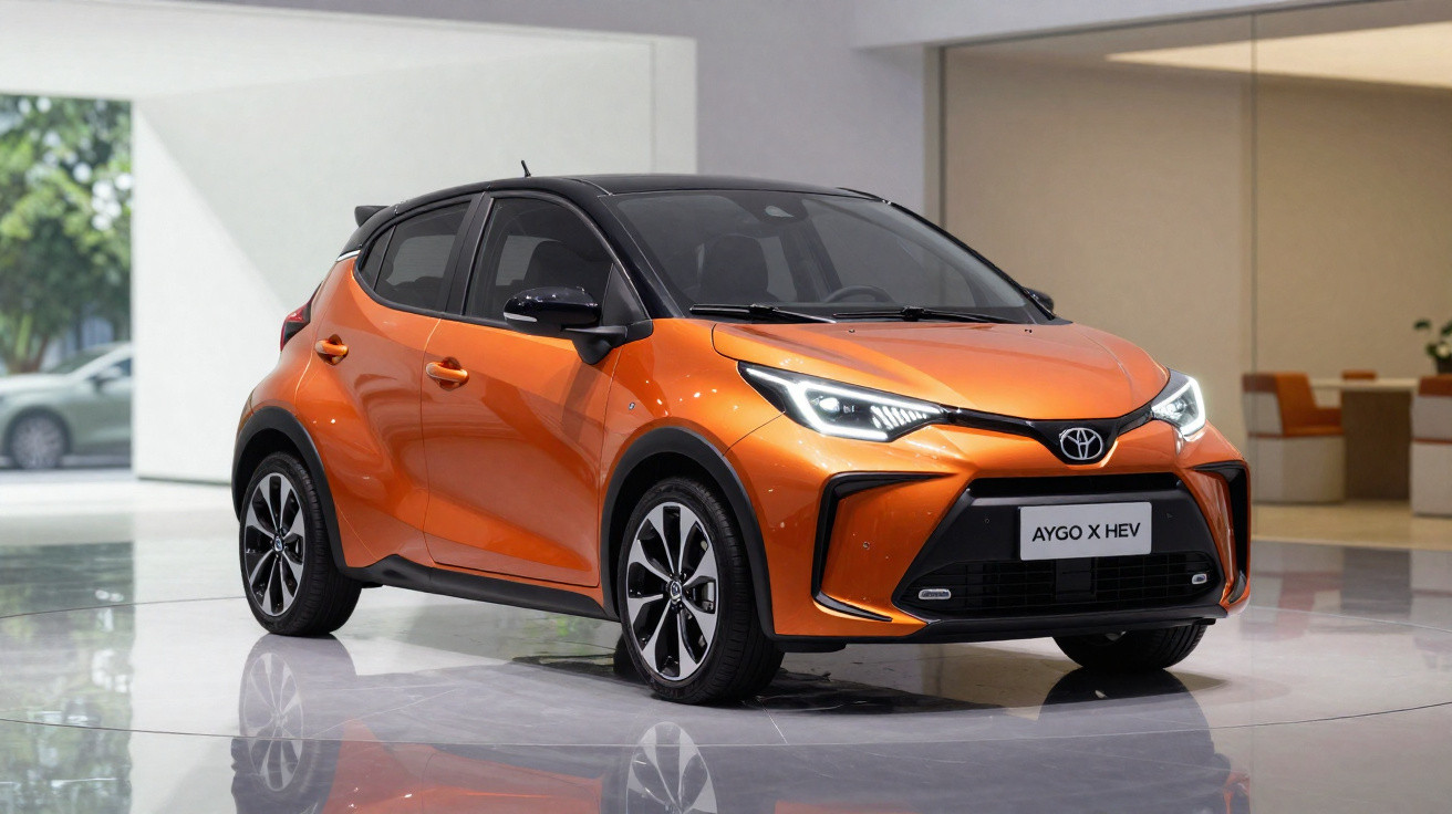 Voiture compacte Toyota Aygo X HEV orange métallisée avec toit noir, dans un showroom moderne et lumineux.