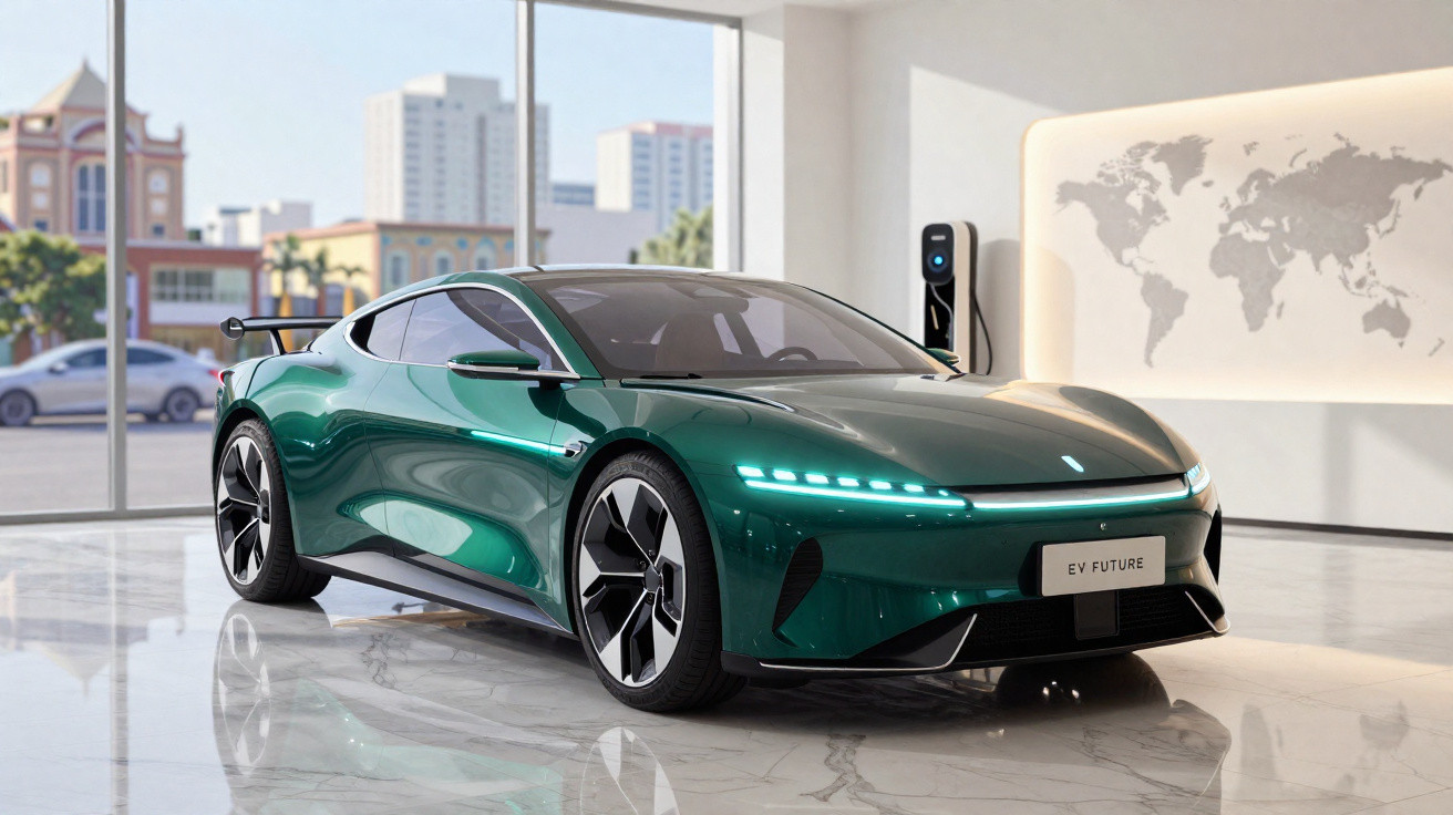 Voiture électrique sportive vert métallique exposée dans un showroom moderne avec chargeur mural et carte du monde.