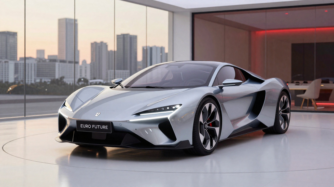 Voiture de sport électrique argentée Euro Future exposée dans un showroom moderne avec vue sur la ville au crépuscule.