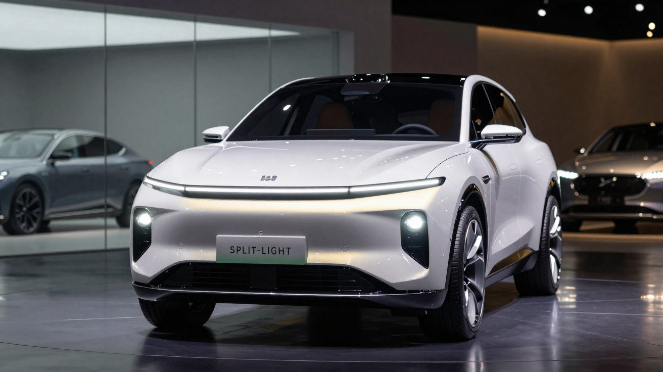Voiture électrique blanche moderne avec feux avant allumés exposée en intérieur.