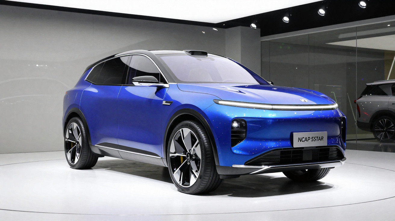 Voiture électrique SUV bleue moderne exposée dans un showroom avec éclairage lumineux et fond neutre.