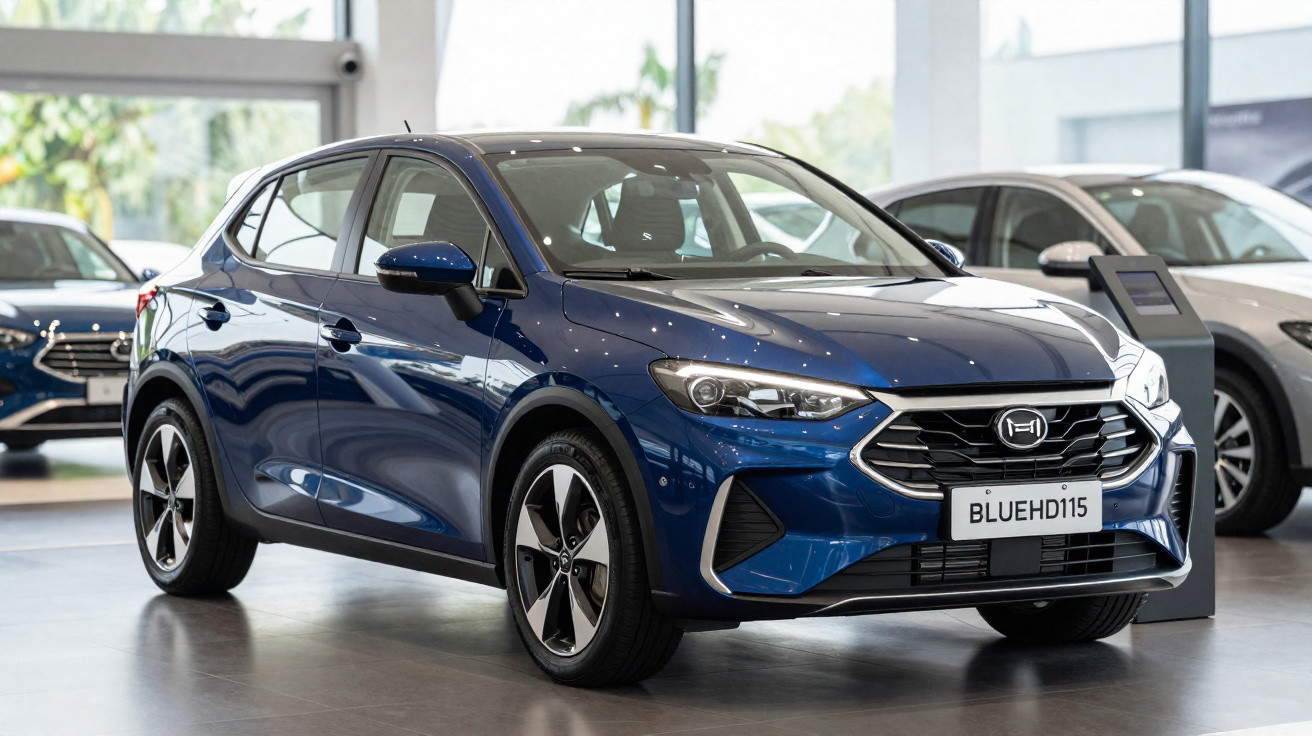 Voiture compacte bleue exposée en showroom avec des phares modernes et une calandre noire brillante.