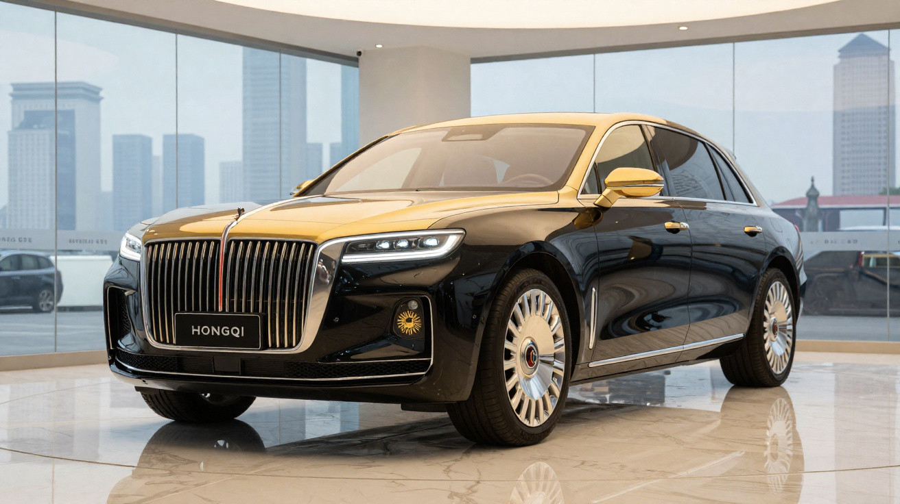 Voiture de luxe noire et or Hongqi exposée dans un showroom moderne avec grandes baies vitrées.