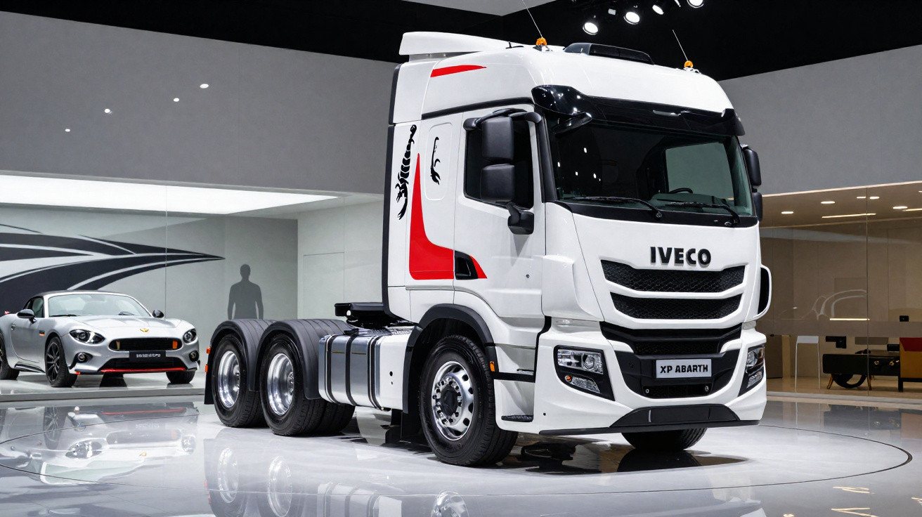 Camion blanc Iveco XP Abarth exposé dans un showroom moderne avec une voiture sportive grise en arrière-plan.